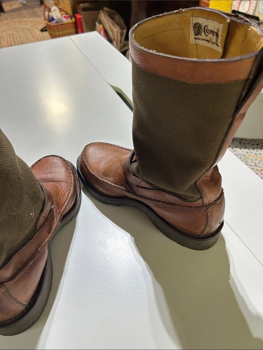 Chippewa Snake Boots Brown / Olive Canvas Leather Boots 6EE